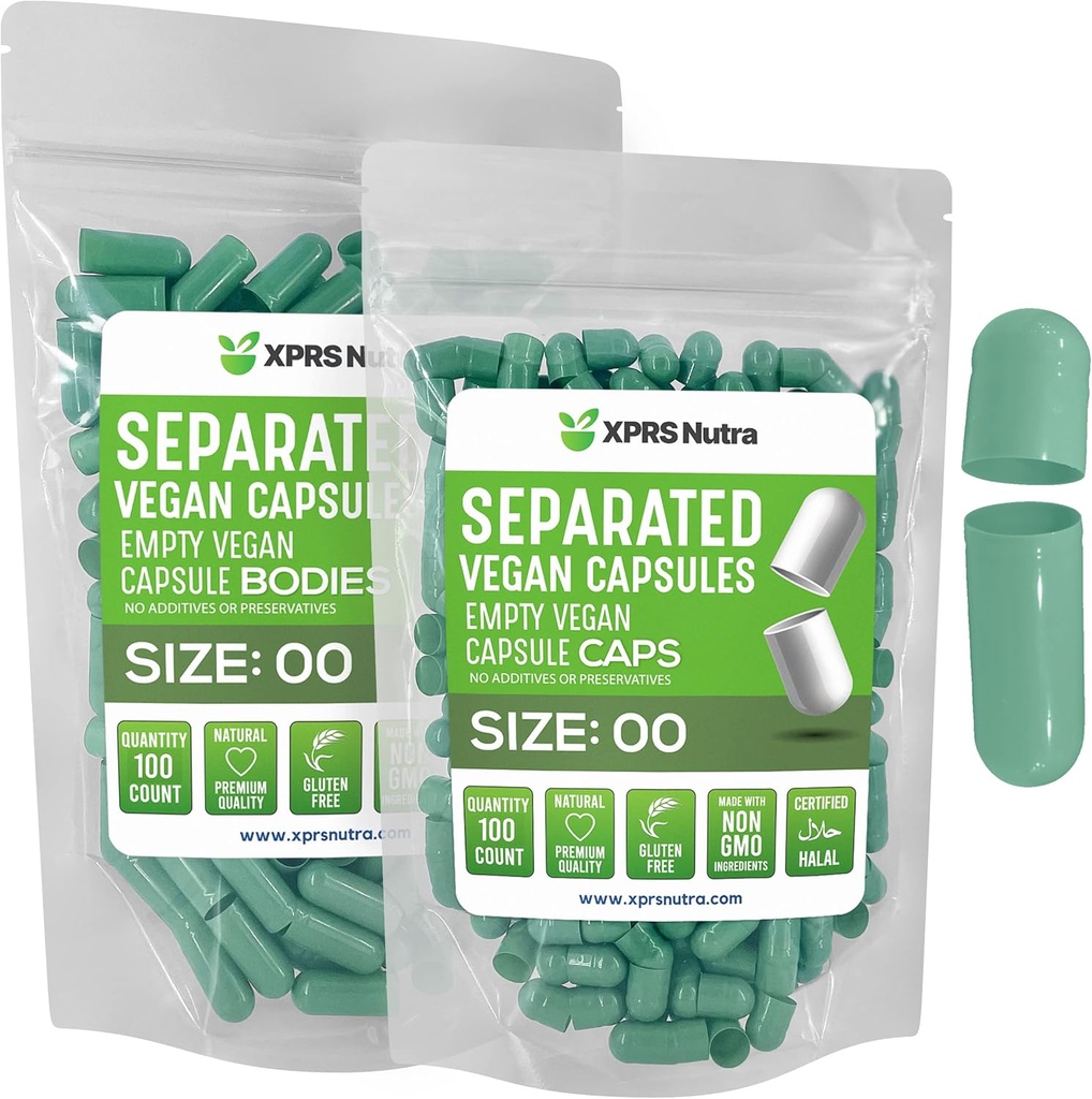 XPRS Nutra Vegan Velikost 00 Oddělené kapsle - 100 Hrabě Premium Prázdné kapsle Oddělené v sáčcích - 00 Pilulky Prázdné pro DIY Dodatek Plnění (Sage Green)
