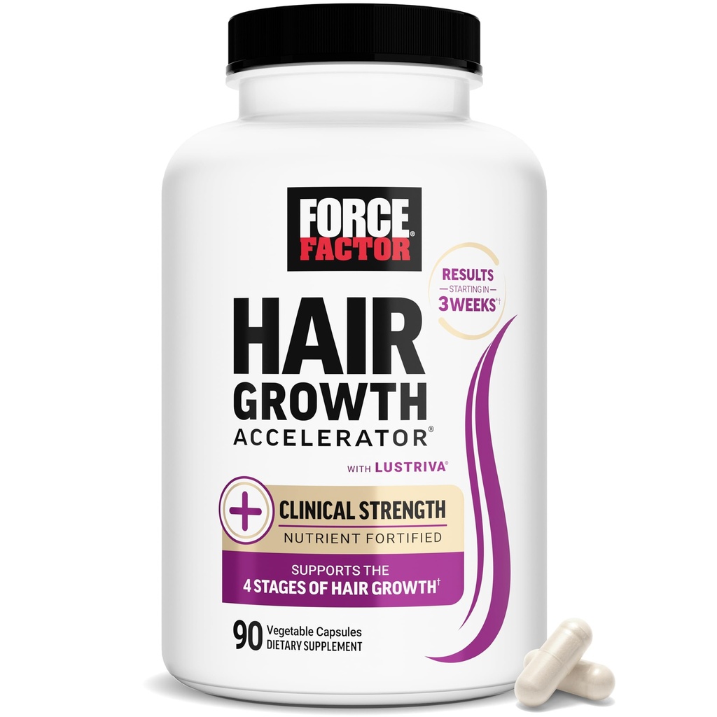FORCE FACTOR Růstový urychlovač vlasů Multivitamin pro ženy a muže, s Lustriva, Biotin, Koňský ocas a vitaminy A, B12, C, D & E pro tlustší vlasy, zdravější kůže a hřebíky, 90 Kapsle
