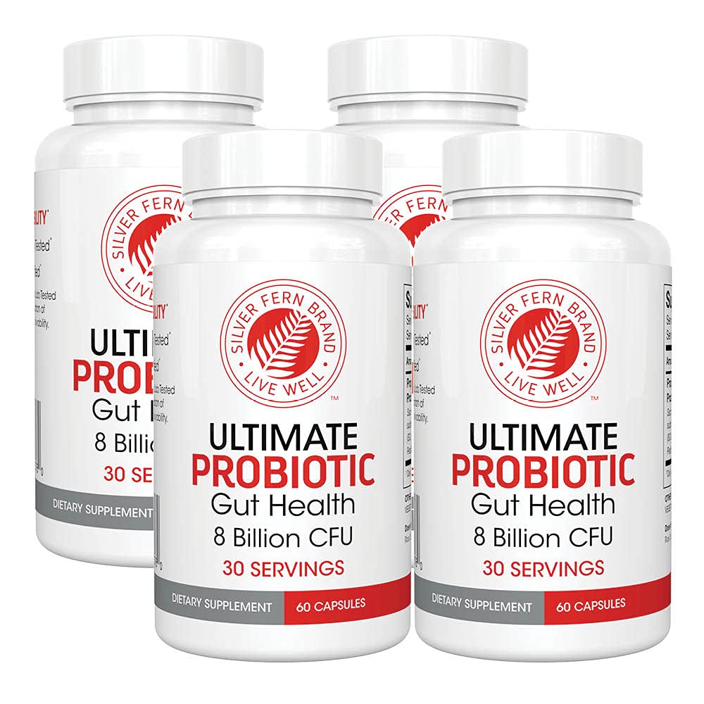 Silver Fern Brand Ultimate Probiotic 4- Pack - Probiotika pro ženy a muže - 8 miliard CFU Spore-Forming Gut Health Supplement - DNA ověřené, Probiotické, Shelf- Stabilní, vysoká přežití - 240 Kapsle