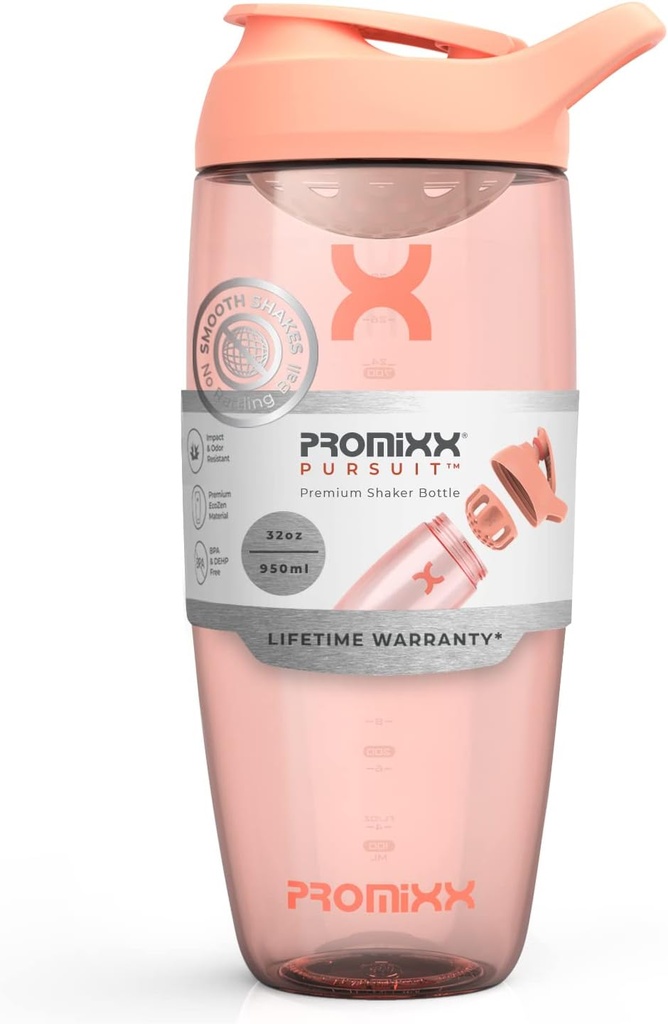 Promixx Pursuit protein Shaker Bottle (32 oz) - Silent No-Ball Mixer, Leak-Proof Lid, BPA / BPS & Phtalate-Free ECOZEN - Easy- Clean Shaker Cup for Protein Shakes, Pre & Post- Workout Smoothies