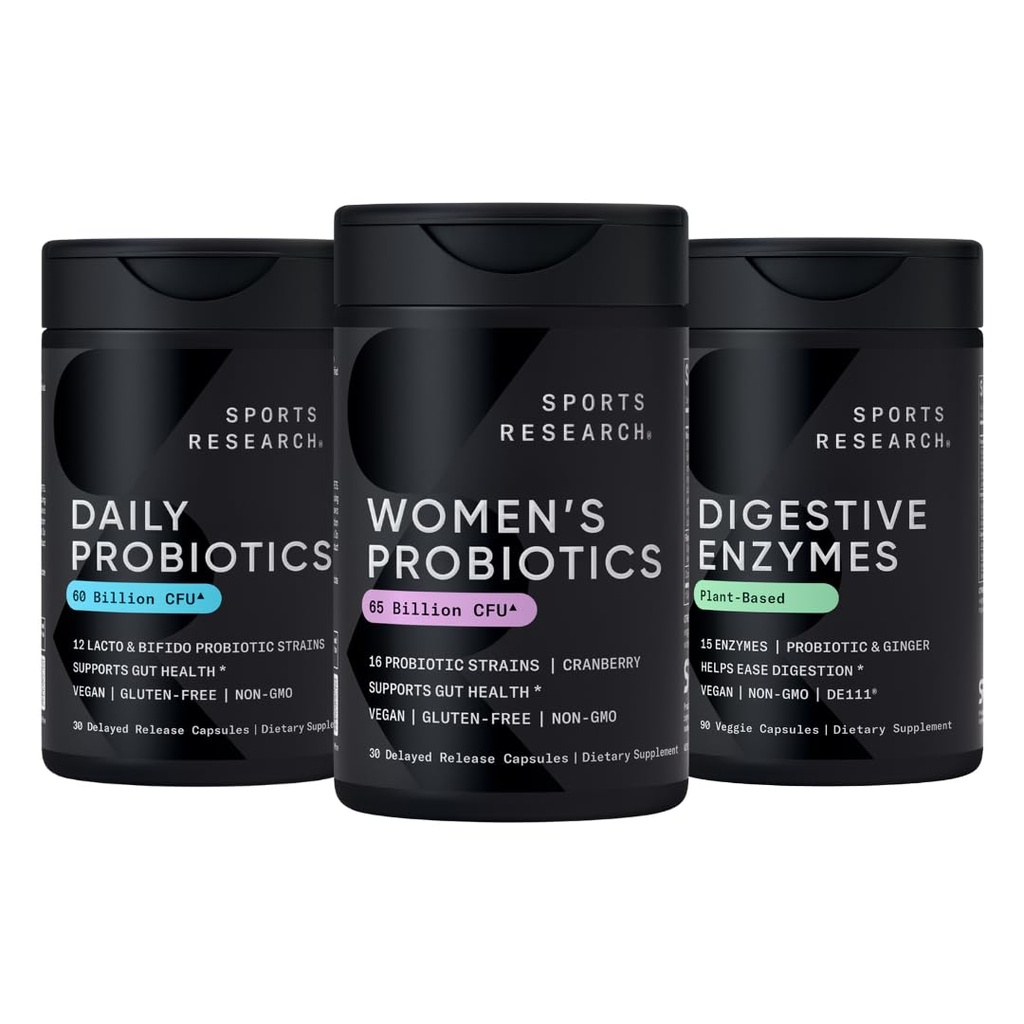 Sports Research All Vegan: Daily Probiotics with Prebiotics (60 miliard CFU), Digestive Enzymes with Probiotics & Ginger (Plant based) & Women 's Probiotics with Prebiotics (65 miliard CFU)