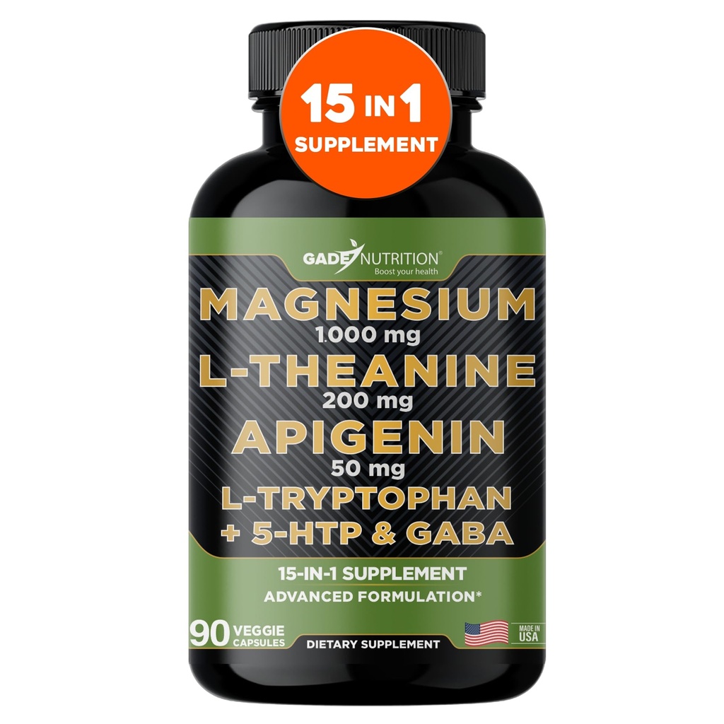 Gade Nutrition Magnesium Glycinát & Magneisum Doplňky s Apigenin, L Theanine 200 mg, 5 HTP, GABA Clime Brain Booster Supplement Sleep Aid Ashwagandha L Triptofan Hemomile