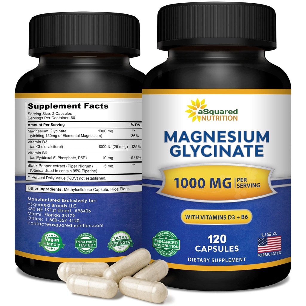 Glycinát hořečnatý 1000mg s vitaminem D3 & B6-500mg na kapslí - Komplex čistého elementárního magu pro spánek, svalovina, zdraví kostí - vyměňte gumy, tablety a prášek - 120 Kapsle