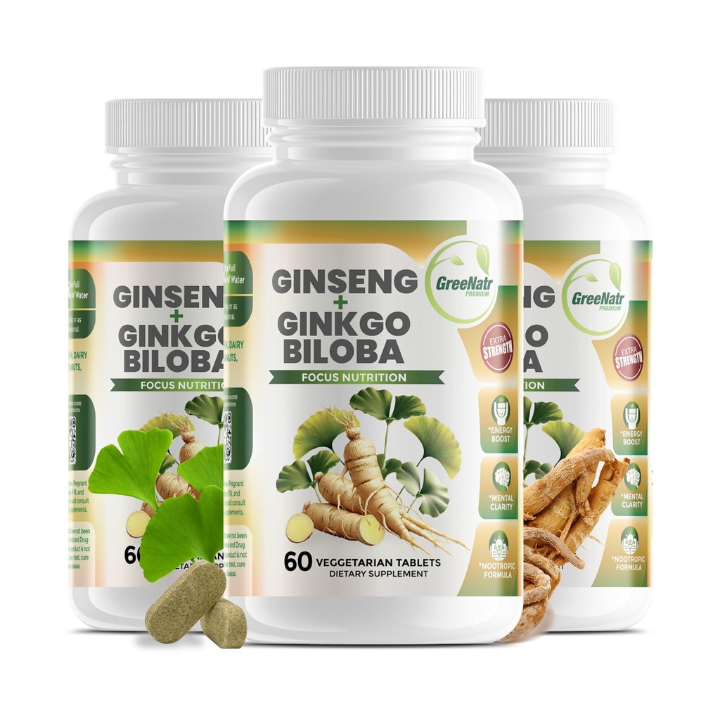 GreeNatr Ginko Biloba & Panax Ginseng Supplement - Červený Ginseng Brain Supplement for Memory and Focus - Ginkgo Biloba doplňky pro dobrou vizi, imunitní systém a lepší krevní tok - 3 láhve