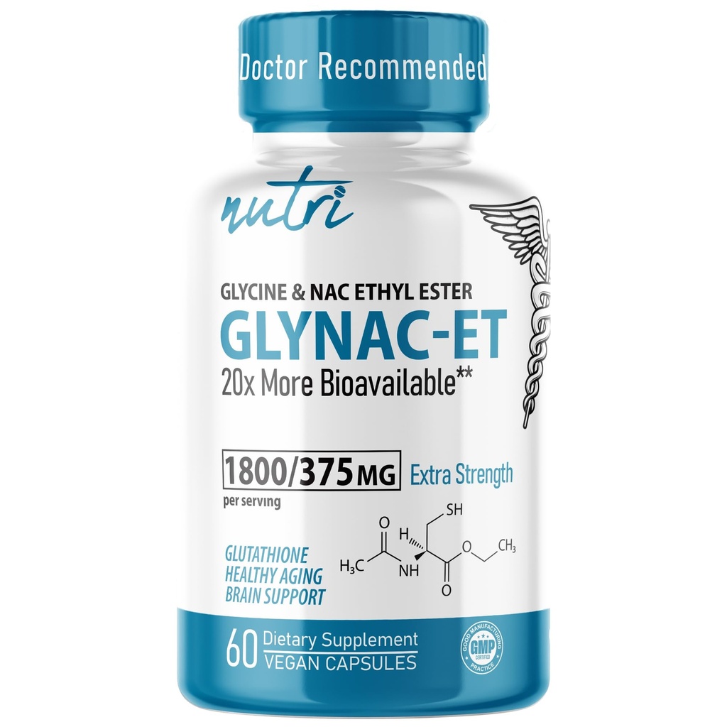 Nutri NAC Ethyl Ester + Glycin - Extra Strength 375mg - NACET withe Selen - 80% Biologická dostupnost - N- Acetylcystein - Anti Aging Supplement, Boost Glutathione - 60 Kapsle - 3. strana Testováno