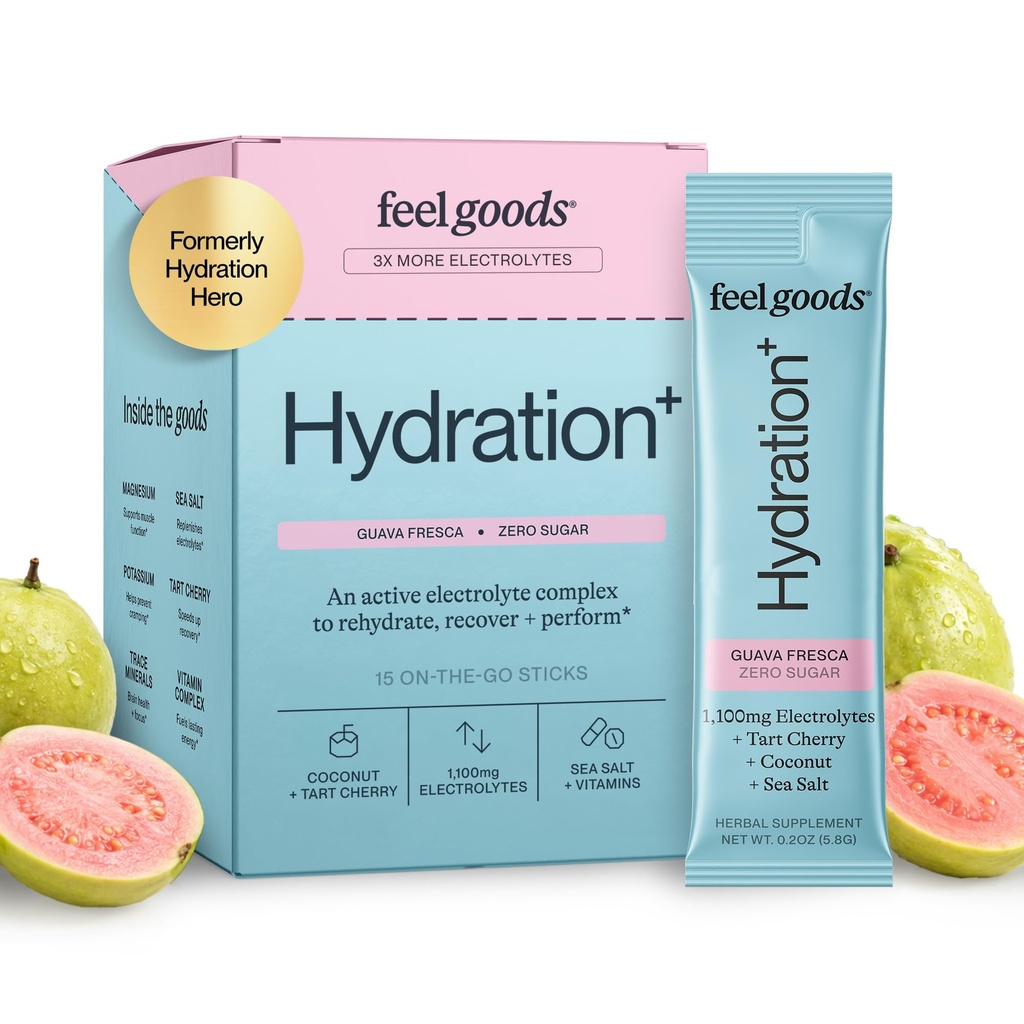 Feel Goods Hydration Hero, 1,000mg Electrolytes Powder, Sugar Free, Magnesium, Organic Coconut Water, L Theanin, Vitamin C & B12, Non GMO, Keto, Vegan, Electrolyte Packets CU124; Guava Fresca, 15 Počet