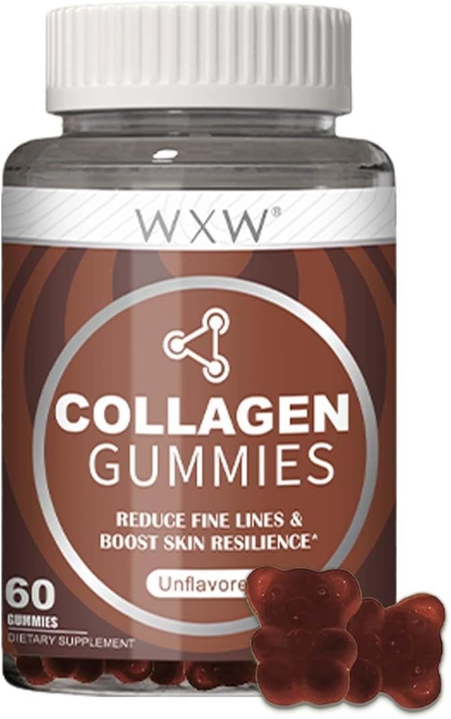 WXW Hydrolyzované kolagen Peptidy Gummies pro ženy, Non- GMO Anti- Aging Formule s biotin, zinek, vitaminy C & E pro vlasy, kůže a nehty 124; 60ct, Vanilla bez příchutí