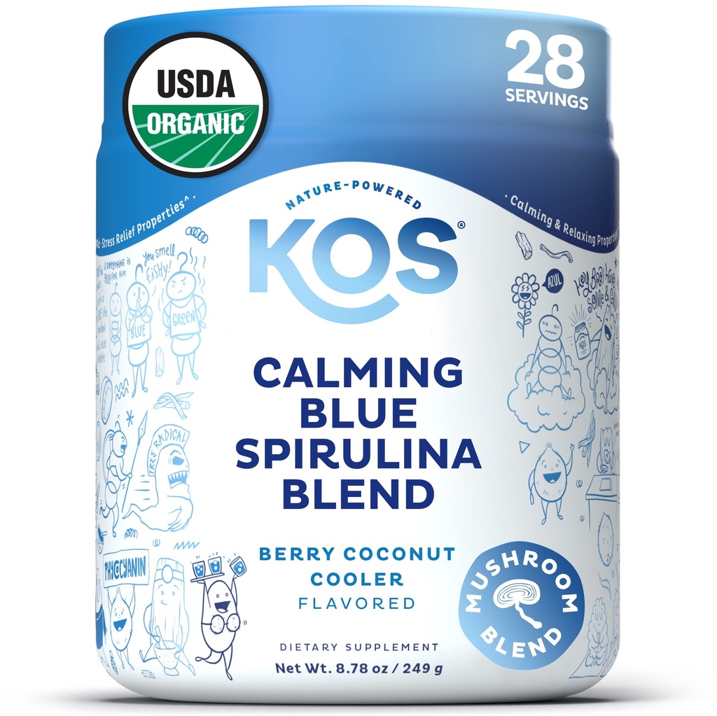 Kos Calming Blue Spirulina Blend- USDA Certified Organic - Řasy Superfood Powder with Ashwagandha Root, Lemon Balm, Reishi Mushroom, B Vitamíny - Berry Coconut Cooler Flavor, 28 Servings