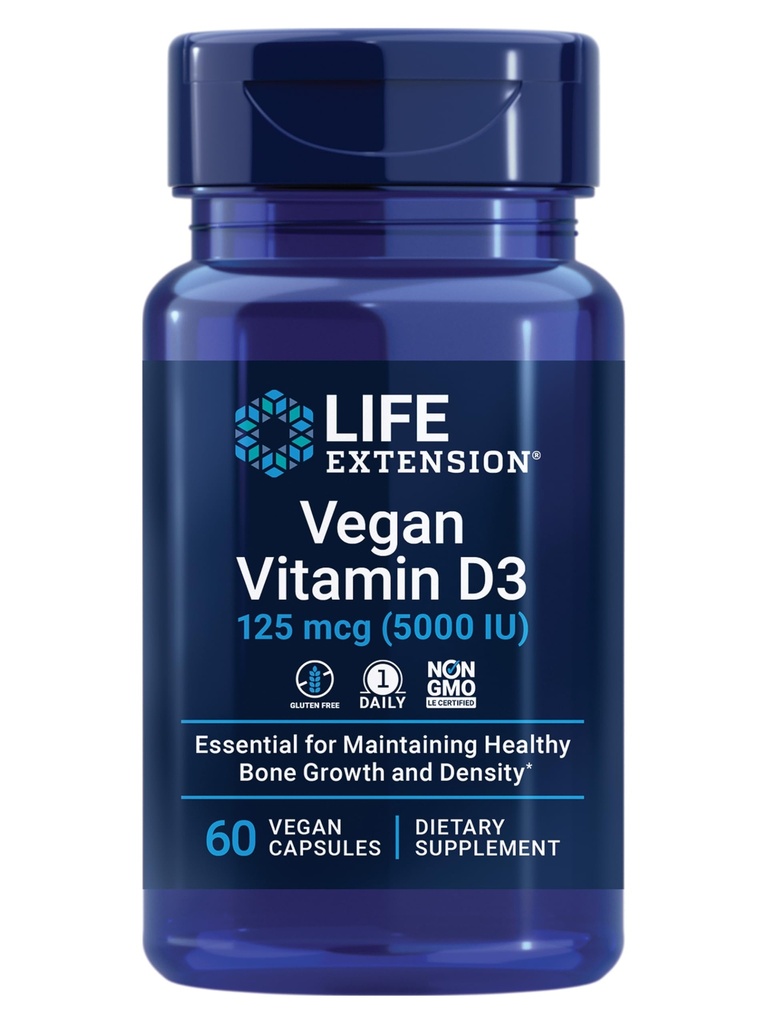 Life Extension Vegan Vitamin D3, 125 mcg (5000 IU), cholekalciferol z řas, high- potency Immunote, Bone & Whole- Body Health, Gluten- Free, Non- GMO, 1 Daily, Vegan, 60 Veganové kapsle