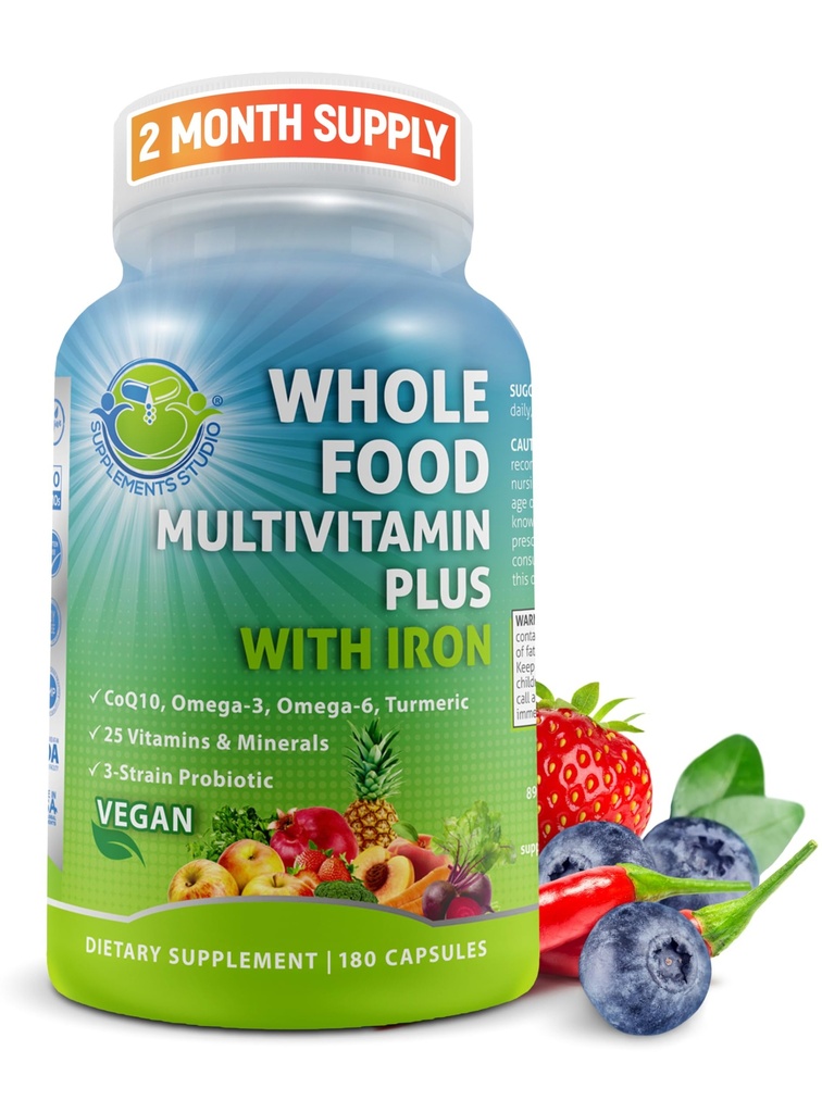Vegan Whole Food Daily Multivitamin se železem, Methylovaný multivitamin pro ženy a muže, vyrobený s ovocem a zeleninou, B- komplex, Probiotika, Enzymy, CoQ10, Omegas, Turmeric, Non- GMO, 180 Počet