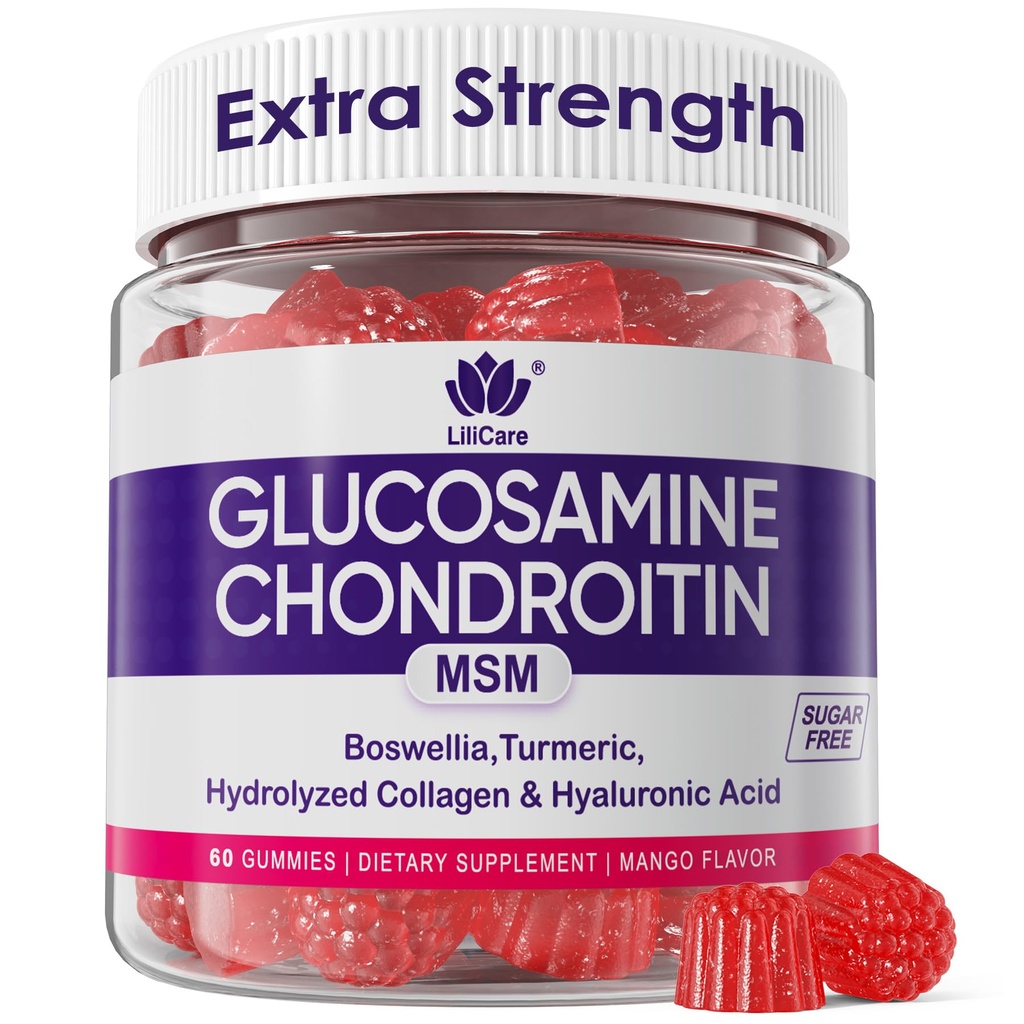 Glucosamine Chondroitin Gummies, Sugar Free Glucosamine Chondroitin MSM dodatek, Extra síla s Boswellia Turmeric, Hydrolyzované kolagen & Hyaluronic Acid, Kostní zdraví pro muže a ženy, 60 Cts