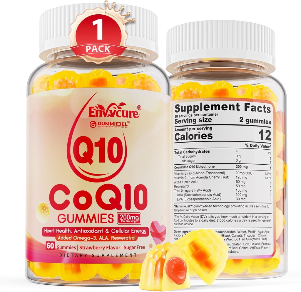 Sugar Free CoQ10 200mg Filled Gummies, 5X Better Absorption CoQ10 w / Resveratrol, Alpha Lipoic Acid, Omega33, Vitamin E, C, Coenzyme Q10 for Cellular Energy, Heart, Brain, and Antioxidant (1Pack)