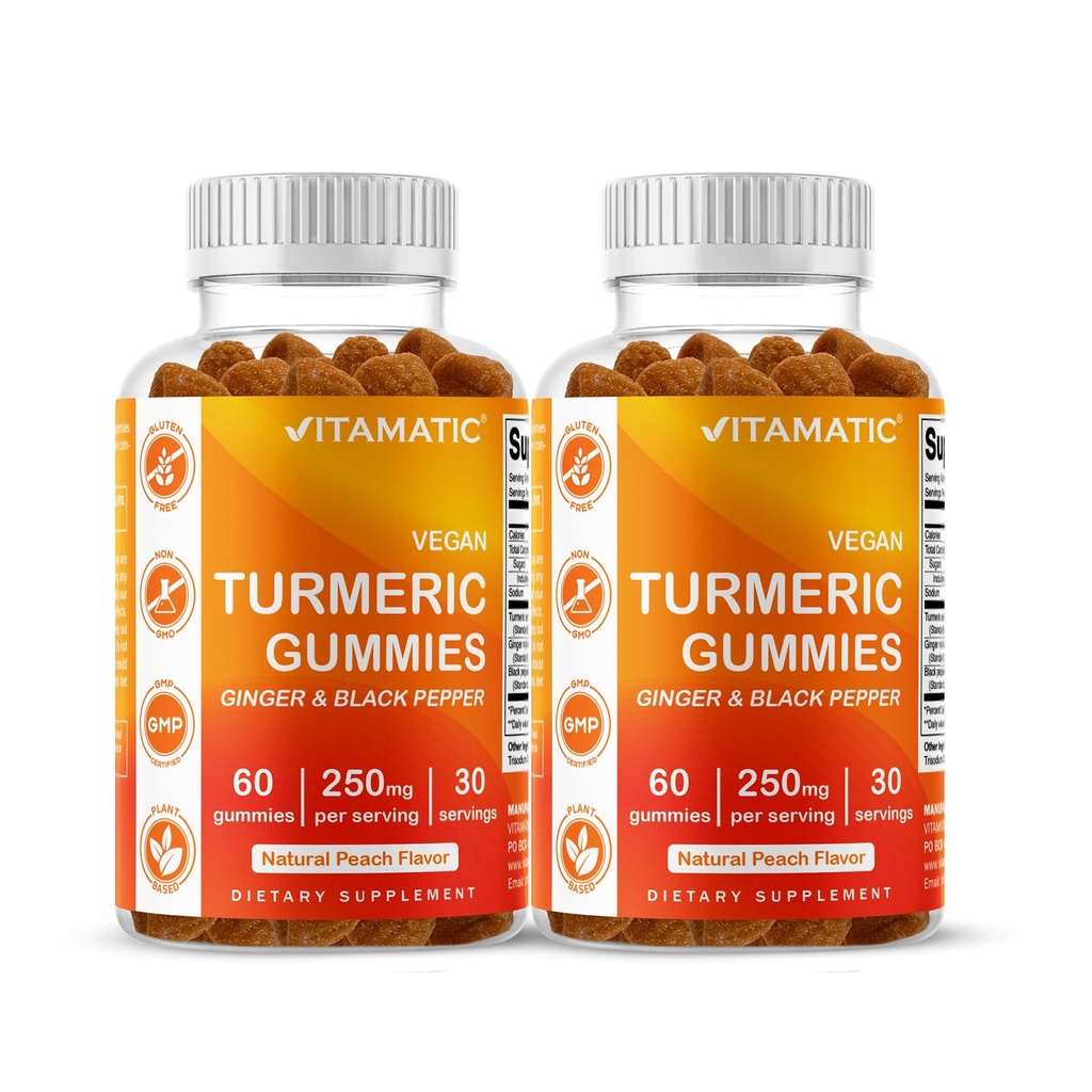 Vitamatic Turmeric Gummy s Ginger & Black Pepper Extract - 60 Vegan Gummies Každá 124; 2 Pack (120 Gummies) 95% Curcuminoidy - Výkonný antioxidant a zánětlivá podpora