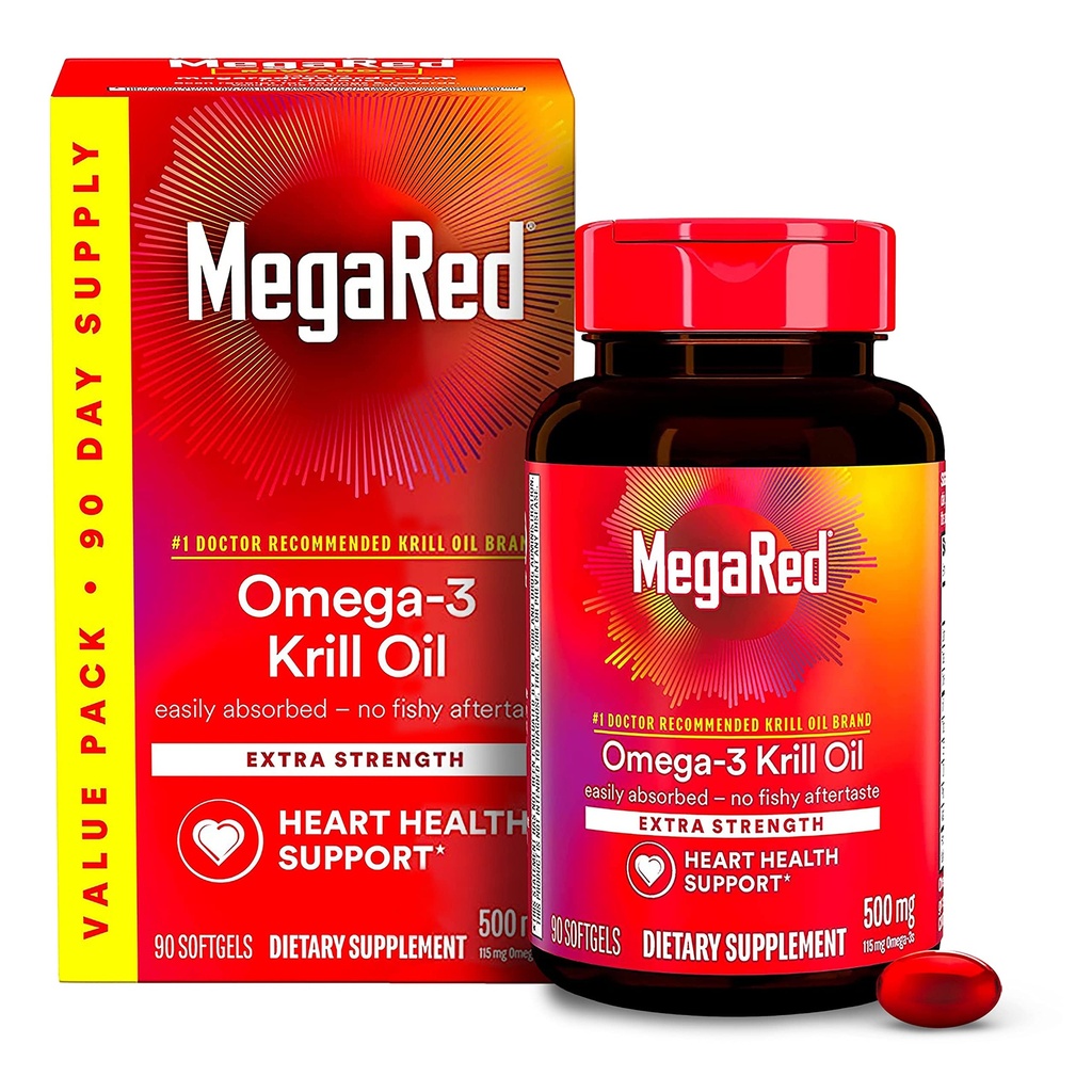 MegaRed Antarktický krilový olej 500mg Omega 3 Fatty Acid dodatek, Extra síla EPA & DHA Krill Oil Softgels (90cnt Box), Astaxanthin, Heart Health dodatek s No Fish Oil Aftertact