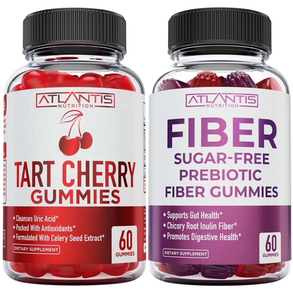 Atlantis Nutrition Tart Cherry 60 Gummies + Sugar Free Prebiotic Fiber Gummies pro dospělé 2- Pack (120 Gummies)