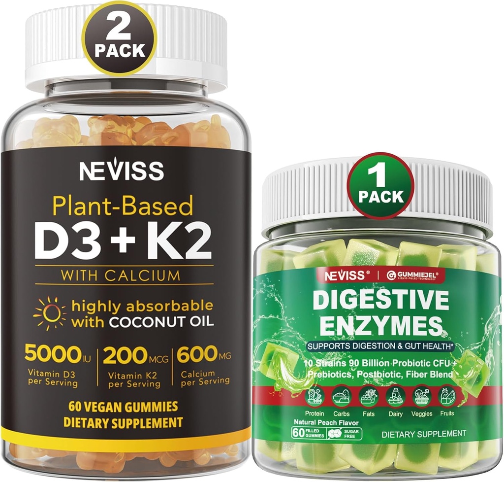 NEVISS Vitamin D3 5000iu & K2, vápníkové gumy & trávicí enzymy