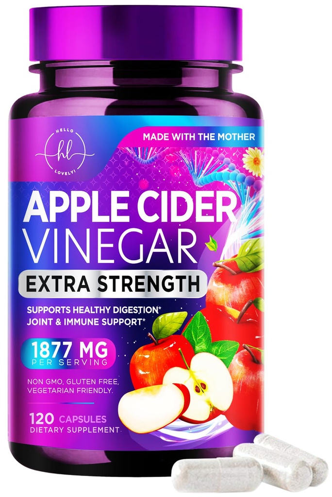 Ocet jablečného moštu Kapsle 1877mg - Extra síla ACV Pilulky s vitaminem D3 & Zinek - Apple Ocet Pills Dodatek pro Digestion, Energy & Imunitation Support, Non- GMO, Lahvička v USA - 120 Kapsle