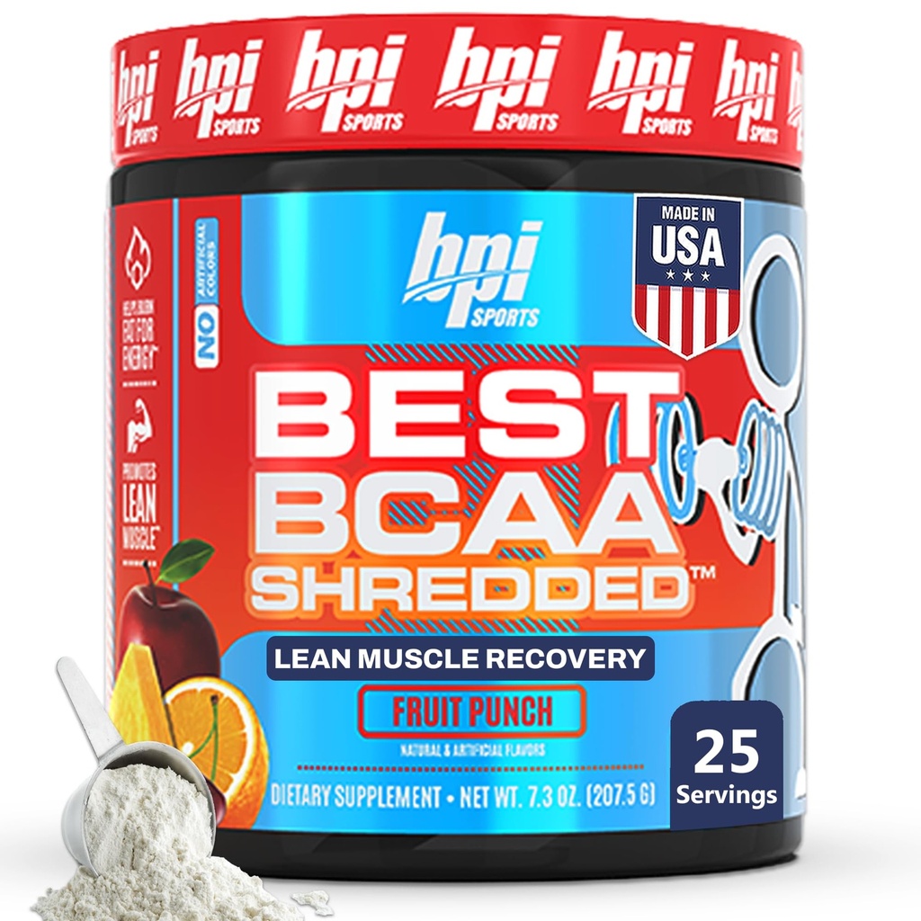 BPI Sports Best BCAA skartovány - Kofein zdarma termogenní recovery nápoj, Lean Muscle Building BCAA prášek pro ženy a muže, Předcvičení BCAA Amino kyseliny Drink - Ovocný punč - 25 Podání