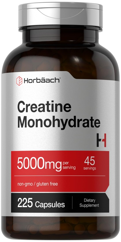 Horbäach Creatin Monohydrát 124; 5g Capsule 124; 225 Kapsle 124; Non- GMO, gluten zdarma dodatek