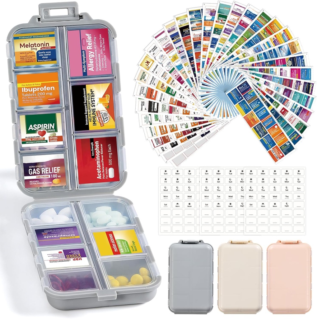 3 Pack 14 Grids Travel Pill Pořadatel Box s 415- Pcs Medicine Name Labels - Pocket Daily Pharmacy Case Container Kit - Travel Medication Holder Disperser for Fish Oil Vitamin Supplement Storage