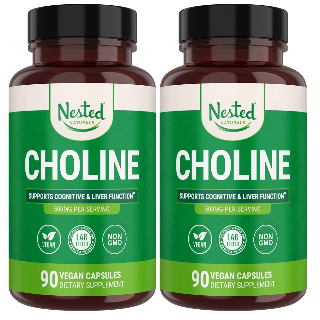 Nested Naturals Choline Bitartate 500mg - High Potency Cholin doplňky - Podporuje Maternal & Fetal Zdraví během těhotenství * - 100% Vegan & Non- GMO - 2- Pack (180 Vegan Kapsle)
