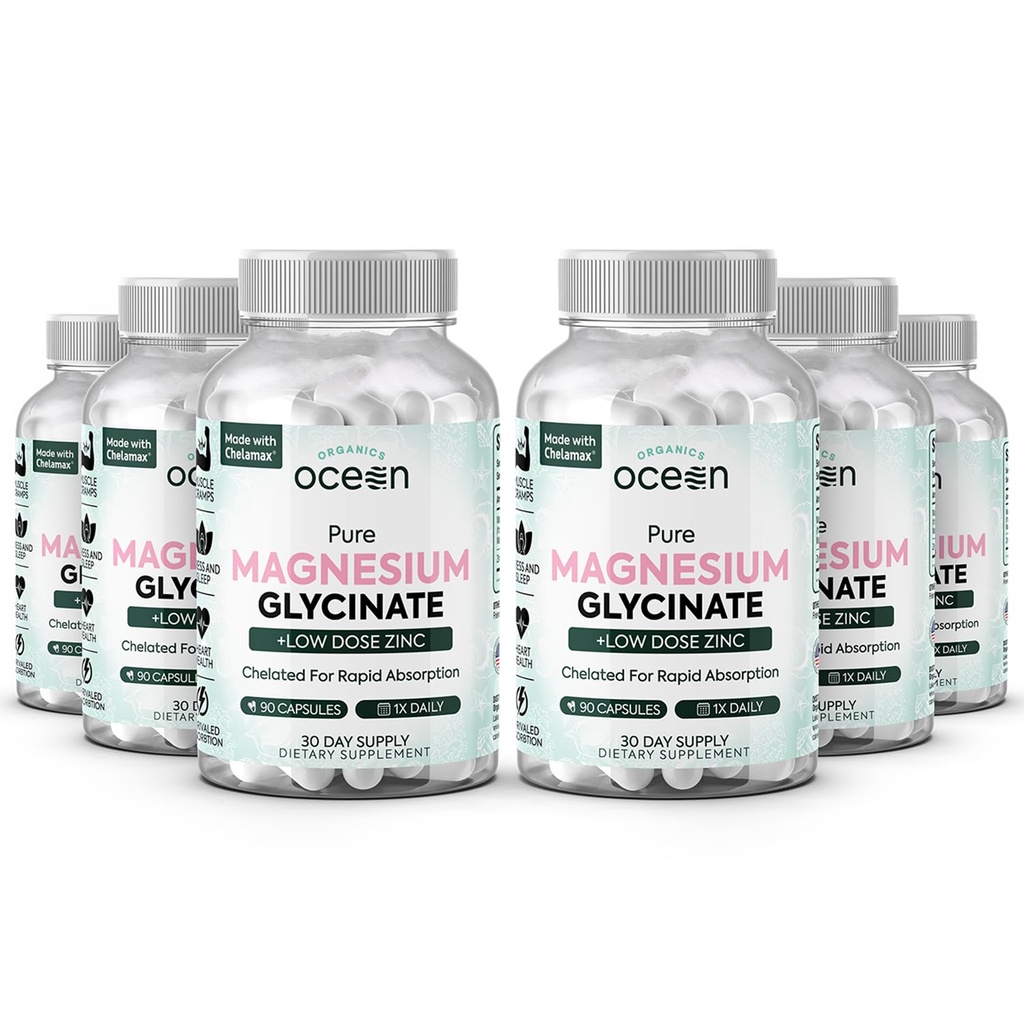 Organický oceán Čistá hořčík Glycinát se zinkem - Maximální síla Chelated hořčík dodatek pro ženy a muže pro svalové křeče a podporu spánku - 6 lahví