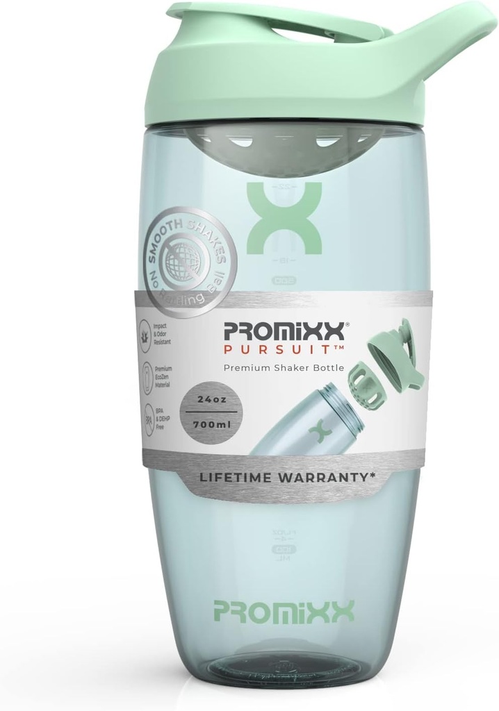 Promixx Pursuit protein Shaker Bottle (24 oz) - Silent No-Ball Mixer, Leak-Proof Lid, BPA / BPS & Phtalate-Free ECOZEN - Easy- Clean Shaker Cup for Protein Shakes, Pre & Post- Workout Smoothies