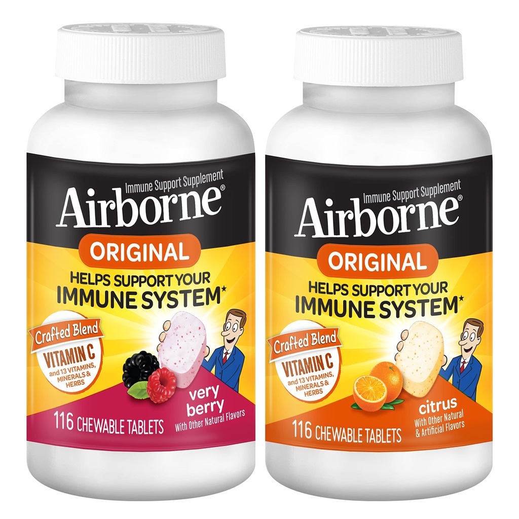 Airborne 1000mg Vitamin C Žvýkací tablety Citrus & Very Berry Flavor Bundle - doplněk imunitní podpory se zinkem a výkonnými antioxidačními vitamíny A C & E, (2x116ct láhve) *