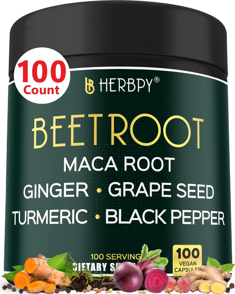 6in1 Doplněk k Beetroot s Maca Root, Grape Seed, Ginger, Kurkuma a Black Pepper pro srdeční zdraví a imunitní podporu - 100 Veganské kapsle