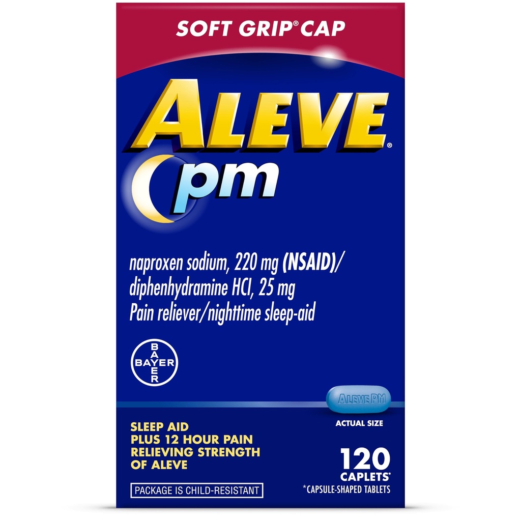 Aluve PM Sleep Aid Plus Pain Reliever Caplet, Naproxen Sodík & Difenhydramine HCl, Nighttime, 120 Count