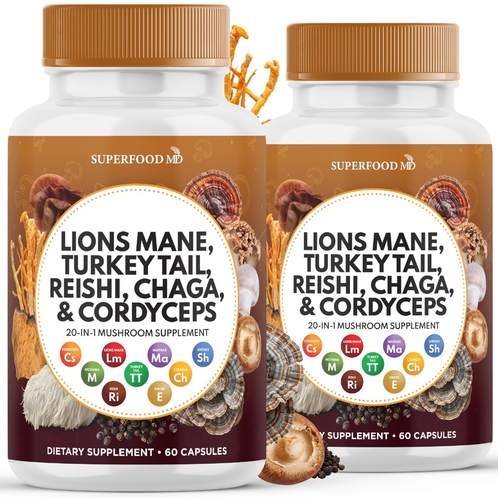 Lions Mane Houbový dodatek s krůtím ocasem Reishi Cordyceps Chaga s marshmallow Root - 120 Počet