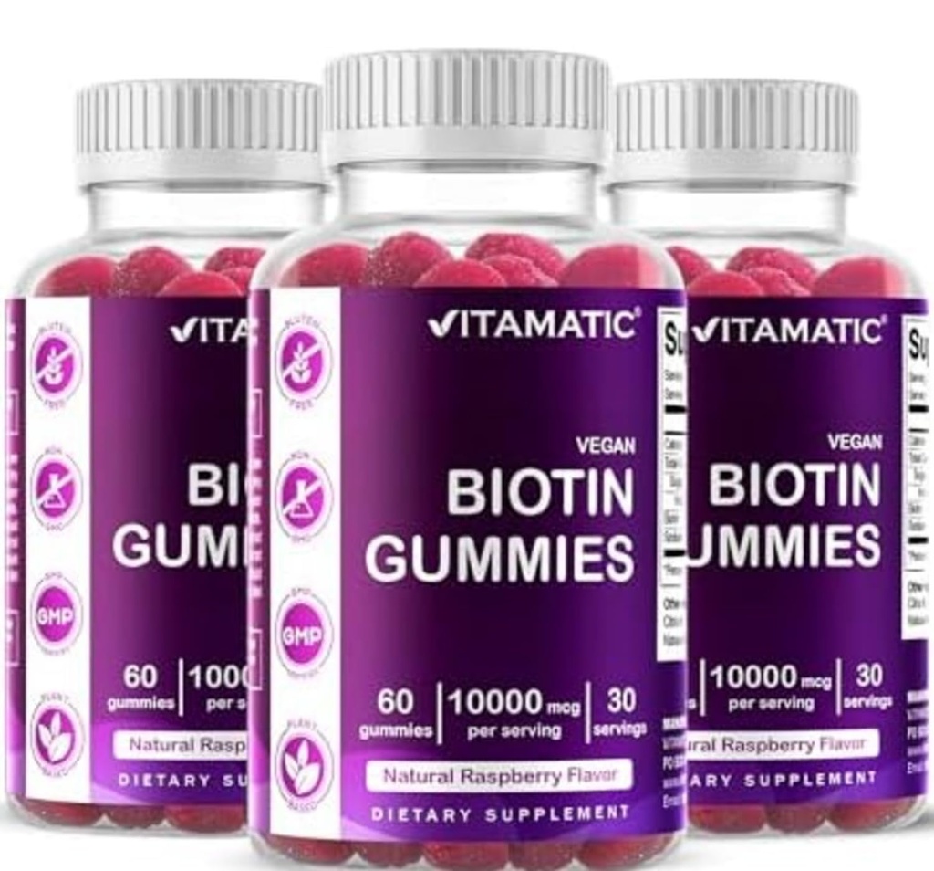 Vitamatic Biotin Gummies 10,000 mcg pro silnější vlasy, kůže a nehty - 60 Vegan Gummies - Také nazývá vitamin B7 (3 láhve)