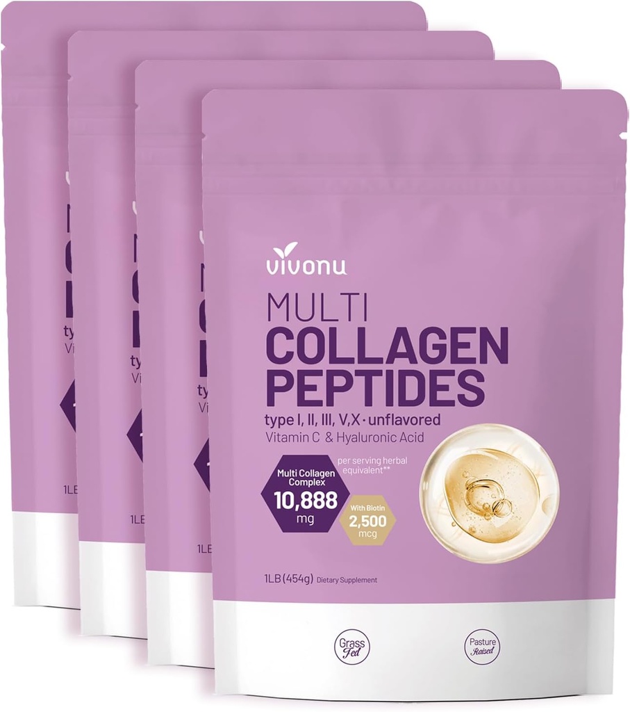 VivoNu Multi kolagen Peptides Powder, 16 Oz Hydrolyzované proteinové Peptidy 124; Typ I, II, III, V, X s Hyaluronic acid, Biotin & Vitamin C bez příchutí Keto Paleo Friendly, Ez Mix in Drinks (4LB / 4Pack)