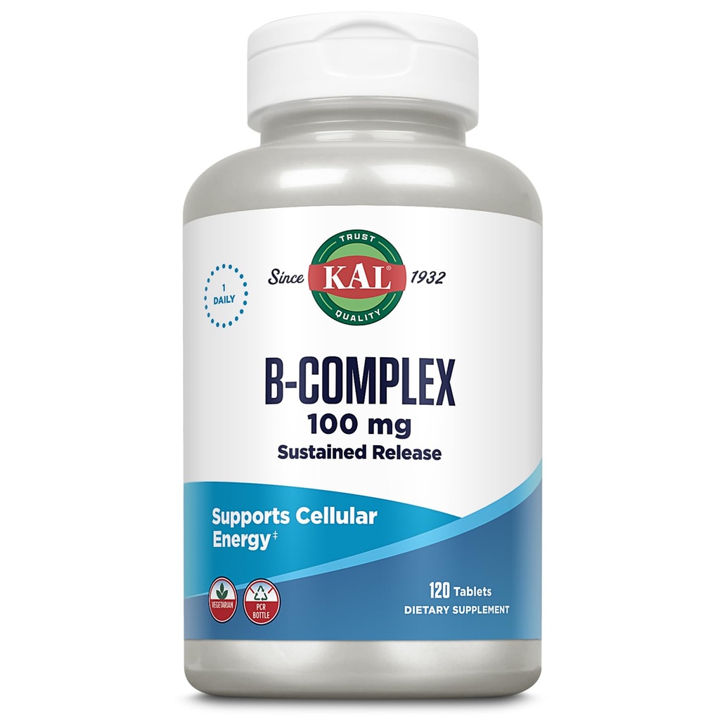 Kal B-100 Complex - Setrvalá verze vitaminu B Complex - Zdravá energetická podpora s přírodní podporou a čerstvé Minty Coating - Vegetarian - 60 denní záruka - 120 Služeb, 120 tablet