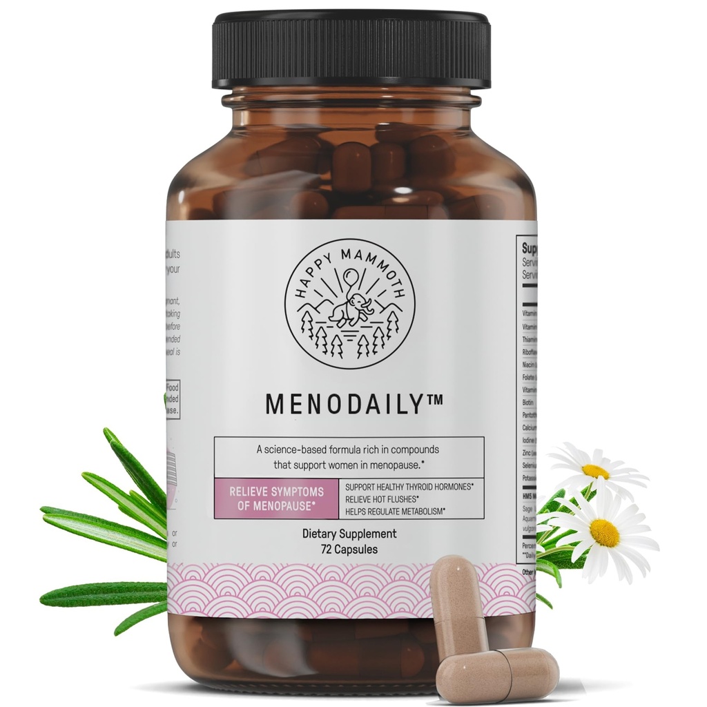 Happy Mammoth Meno Denní Menopauza Vitamíny a doplňky pro ženy (* Ne Hormon Harmony), Zvýšení metabolismu, Zdravá pleť, Vlasy a nehty, Hot Flash, Mood Support, 72 Caps