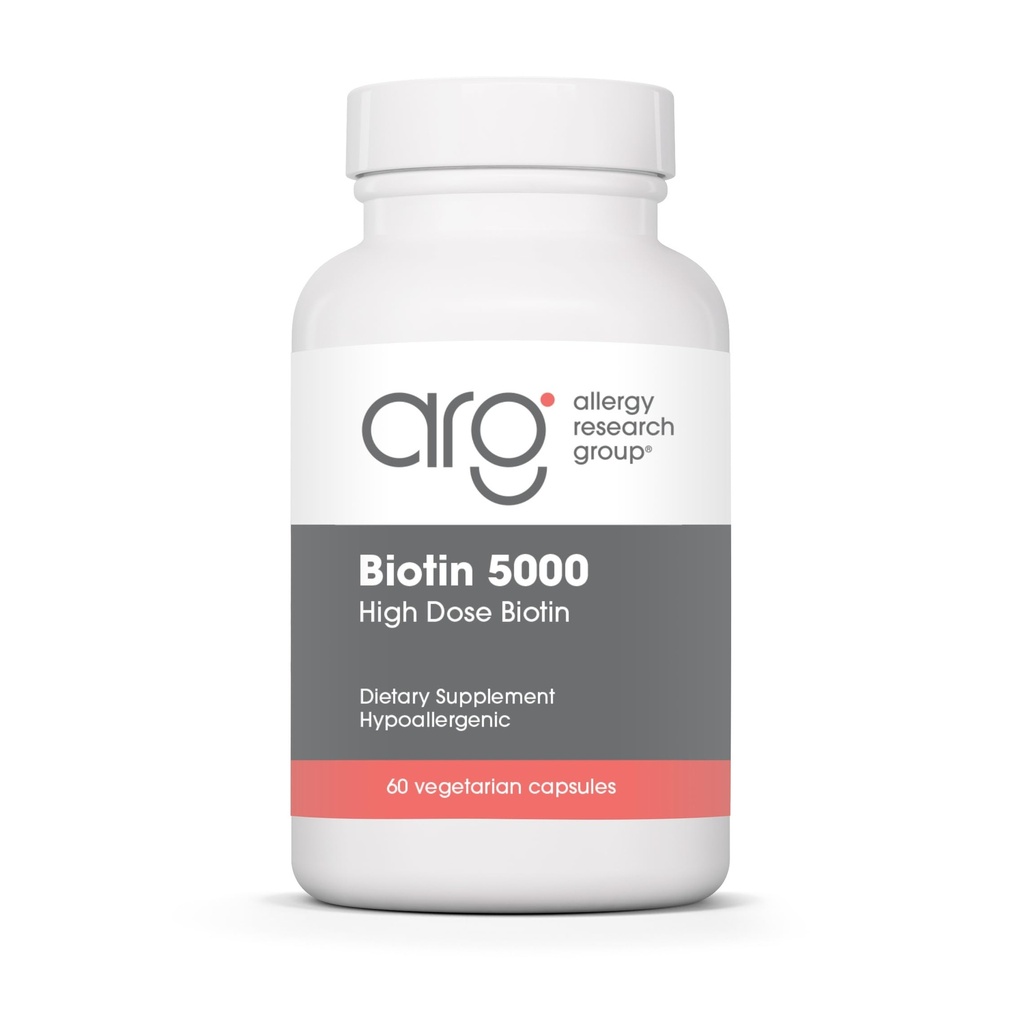 Alergie Výzkumná skupina Biotin 5000 dodatek - 5000mcg Biotin, Vitaminy pro vlasy, kůži a nehty, vysoká dávka, Vegetariánské kapsle, hypoalergenní, gluten zdarma - 60 Počet
