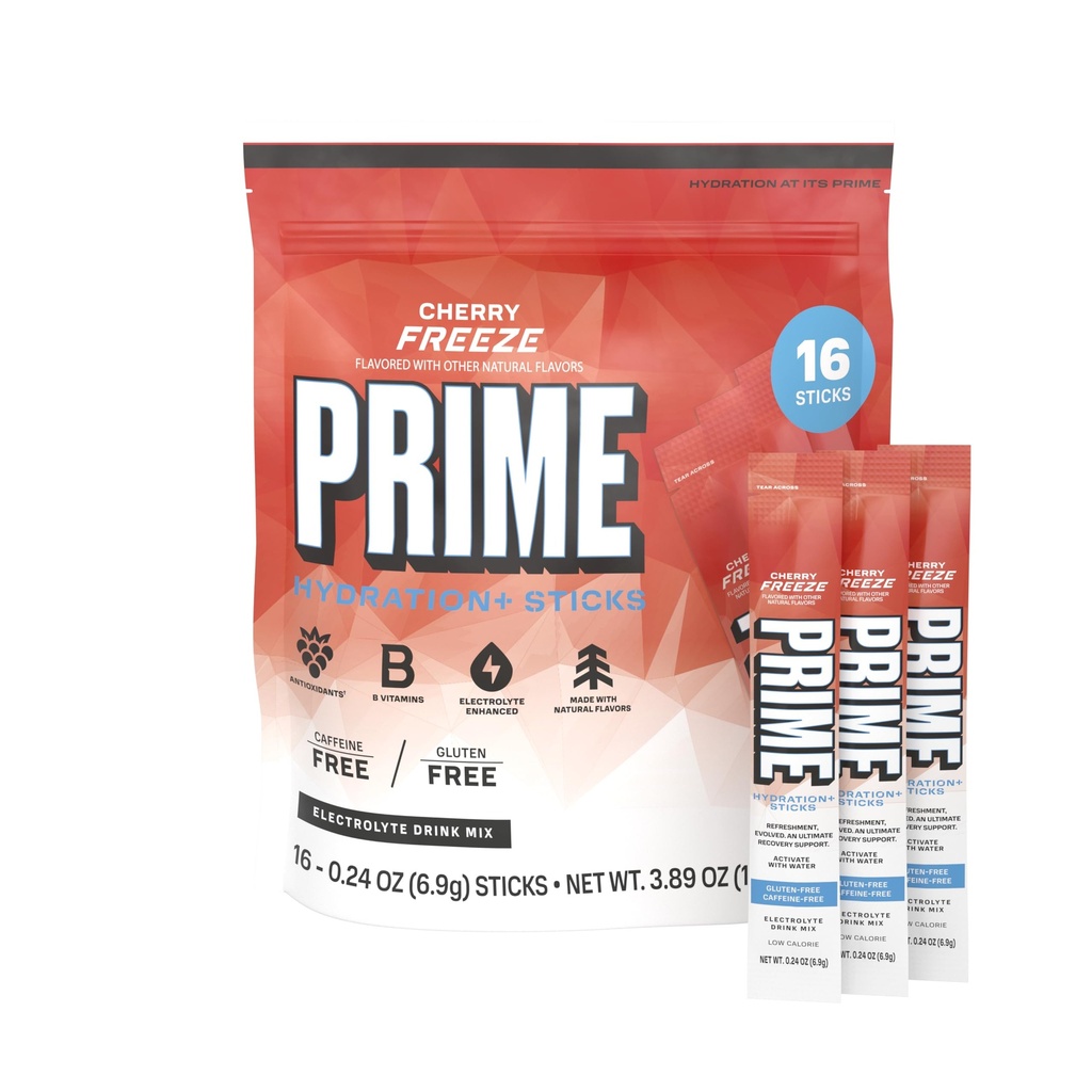 PRIMNÍ HYDRACE + Sticks Cherry Freeze CLAS124; Hydratační prášek Single Serve Sticks CLAS124; Electrolyte Powder On The Go CLAS124; Low Sugar CLAS124; Caffeine- Free CLAS124; Vegan CLAS124; 16 Sticks