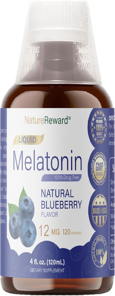 Melatonin 12 mg 12 mg; 4 fl oz Liquid CLAS124; 120 Servings CLAS124; Blueberry Flavor CLAS124; pro dospělé CLAS124; Non- GMO, vegetariánský dodatek