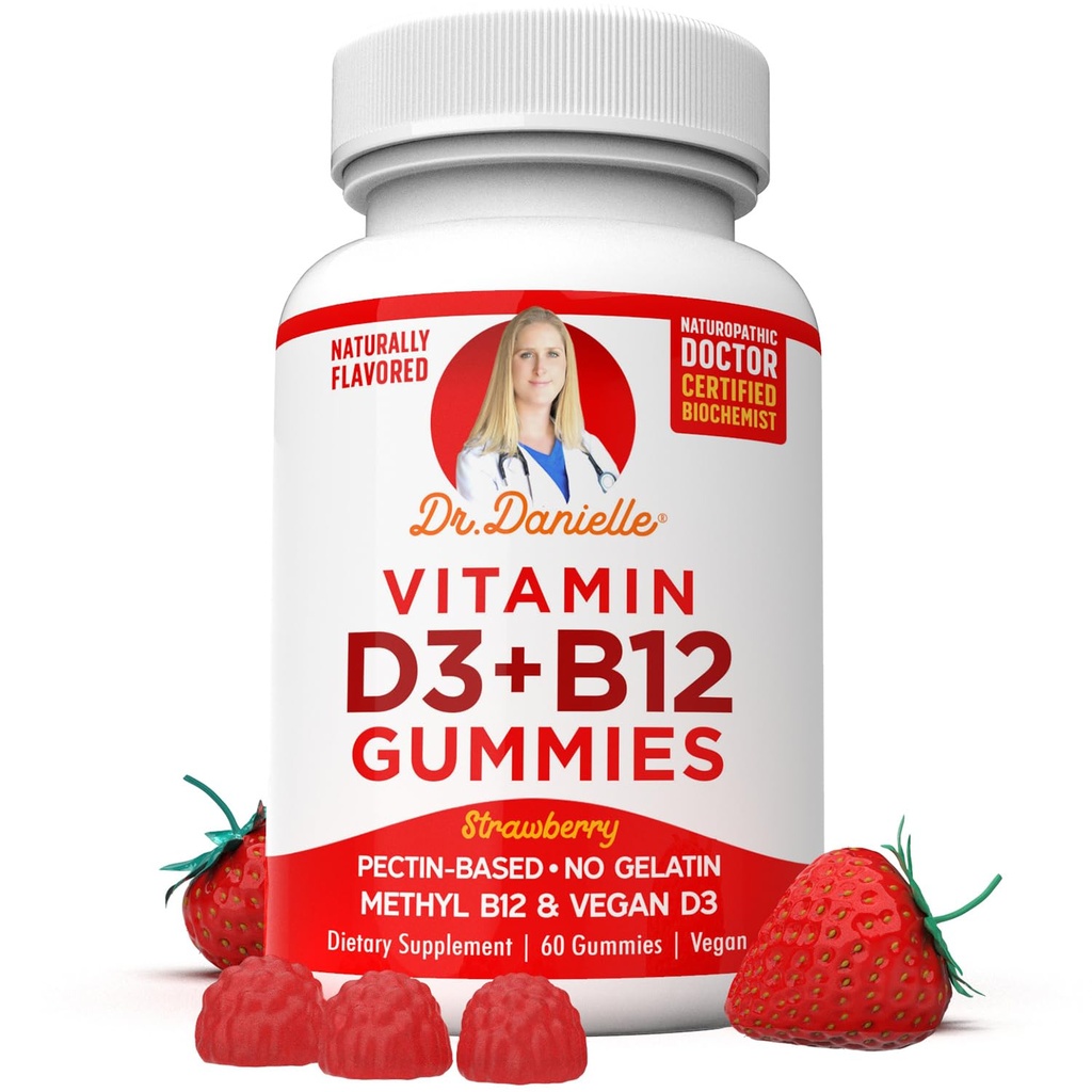 Vitamin D3, B12 Gummies by Dr. Danielle, Vegan denní dodatek pro dospělé a děti, non-GMO, Vitamin D3 1000 IU & 250 mcg Vitamin B12, 2 měsíční zásoba (60 Gummies)