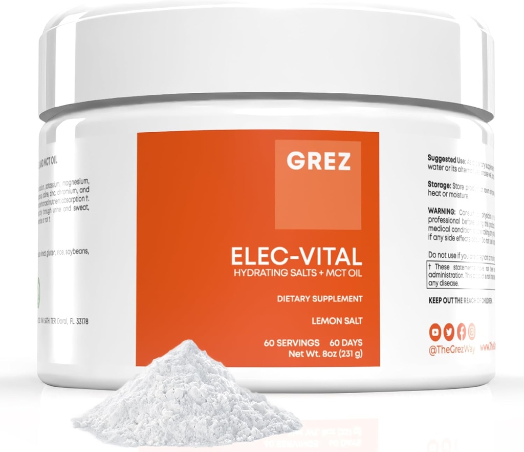 GREZ ELEC-Vital Electrolytes Powder No Sugar - Hydration Powder, Keto Electrolytes No Sugar - Kompletní minerální podpora, sodík, draslík, hořčík, zinek - 60 Služeb