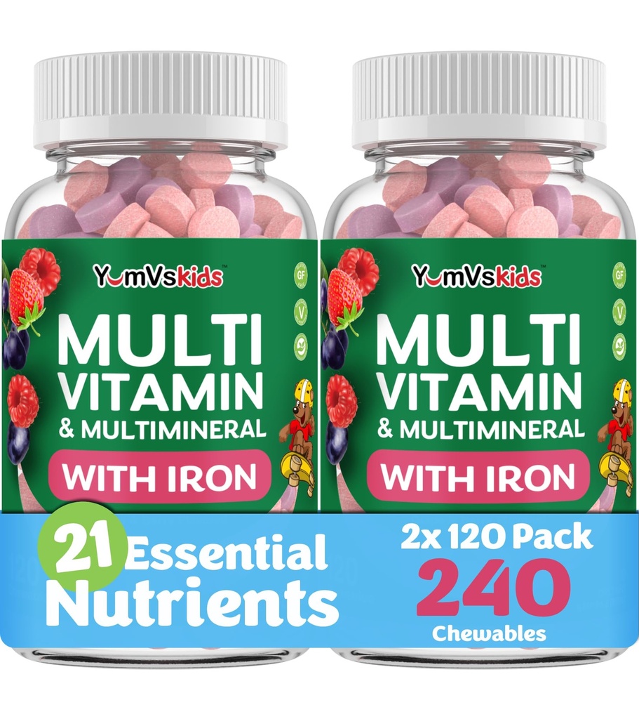 YUM-V 's Kids Multivitamin s železem - Děti žvýkací Multivitamin - Vitamíny + Železný dodatek - Taddler Vitamíny pro 2 roky starý +, Kosher, Halal, gluten zdarma 120 (balení po 2