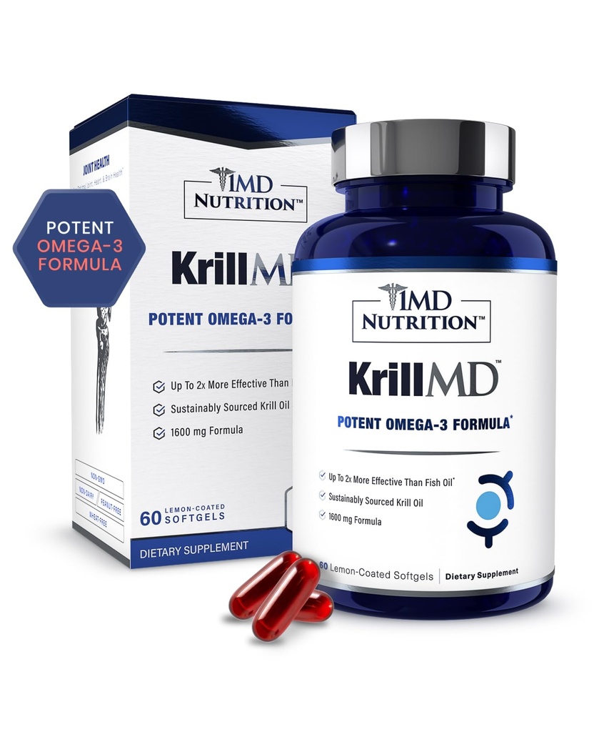 1MD Nutrition KrillMD - Antarktida Krill Oil Omega 3 Dodatek s Astaxanthin, EPA, DHA CARL 124; 2X účinnější než rybí olej 124; 60 Softgels