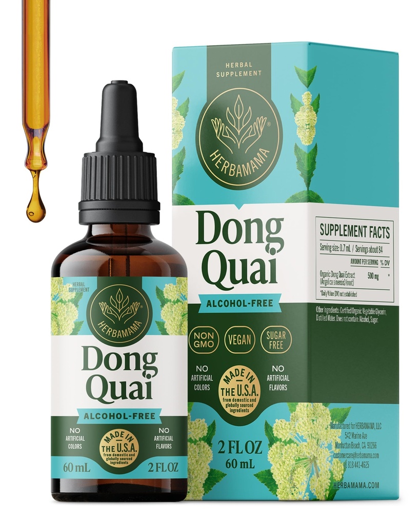 HERBAMAMA Donq Quai - Menopause Supplements for Women & Hormone Balance | Angelica Root • PMS Relief • Non-GMO • Alcohol & Sugar-Free • Vegan • Liquid Formula • 28-Day Supply • 2 fl oz