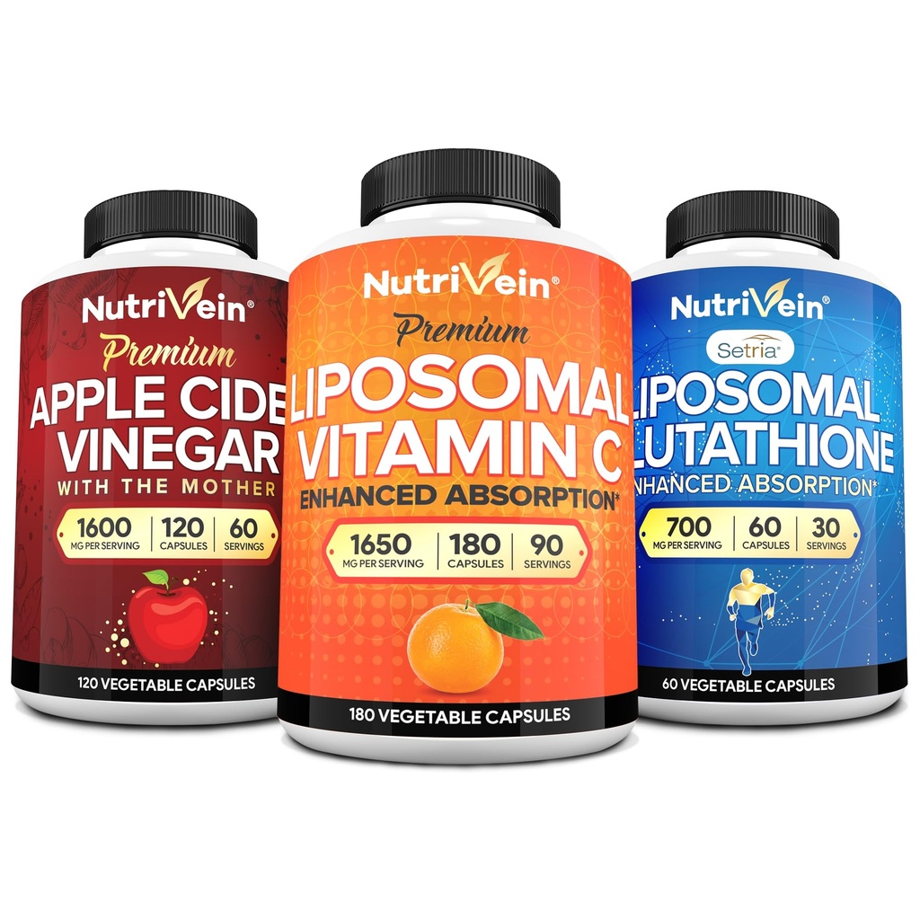 Živina Premium Liposomální Glutathione, Apple Cider Ocet Kapsle, & Vitamin C dodatek Bundle: Vitamin C, ACV Kapsle, & Glutathione dodatek Bundle pro buněčnou obranu & Detox