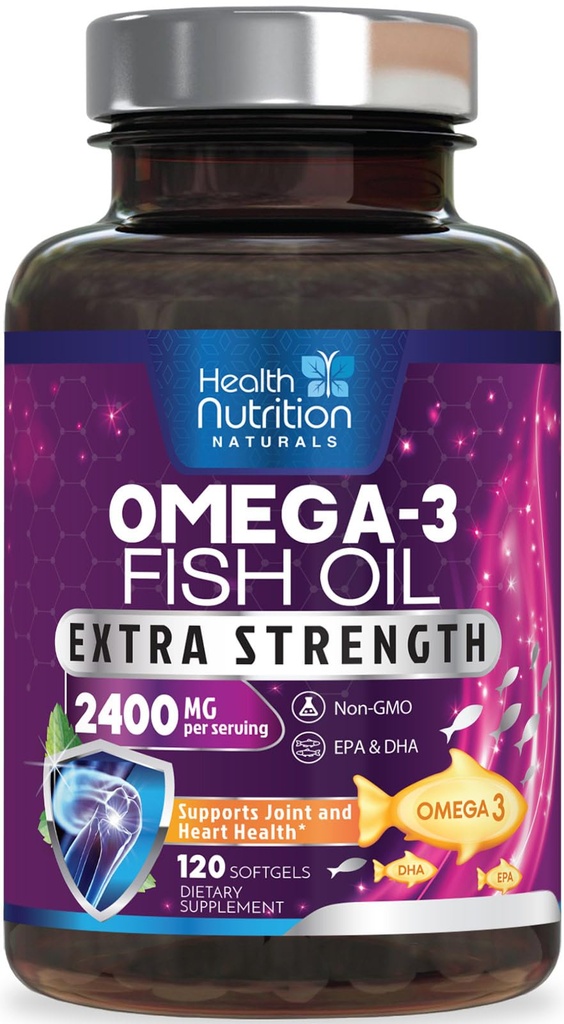 Omega 3 Fish Oil 2400 mg - Triple Force Omega3, EPA & DHA Fatty Acids Supplementary - Přírodní podpora pro imunitní, srdeční a mozkové zdraví - Wild Catch, Non- GMO, Lemon Flavor, Burless - 120 Softgels