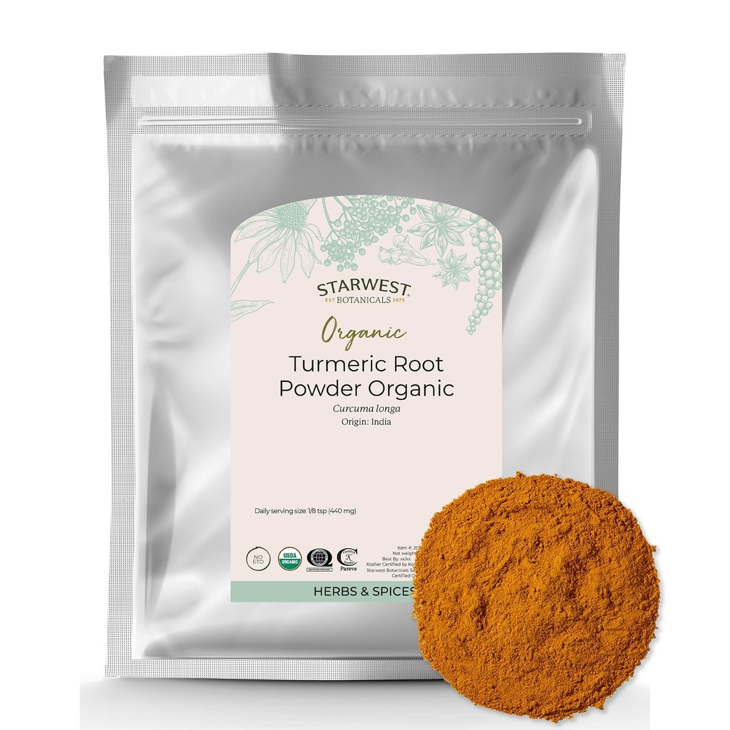 Starwest Botanicals Organic Ground Turmeric Root Powder - Kurkumin Spice pro vaření a koření, přírodní zdroj antioxidantů, imunitní podpora, Certified Kosher, Non- GMO - Bulk 2 LB Bag
