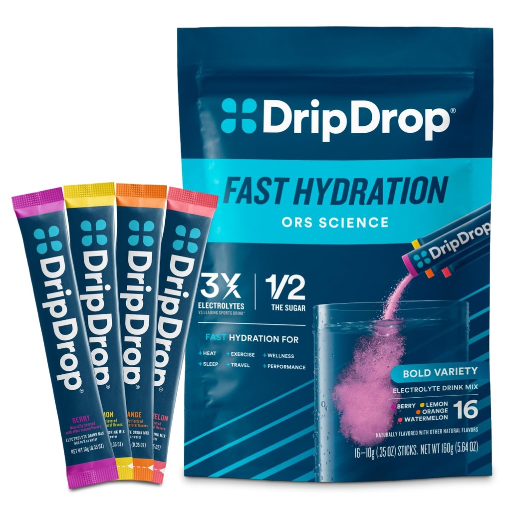 DripDrop Hydration Packets - Bold Variety Pack - Single Serve Electrolytes Powder Drink Mix - Meloun, Berry, Lemon, Orange - Non- GMO, Gluten Free, Vegan - 16 Sticks