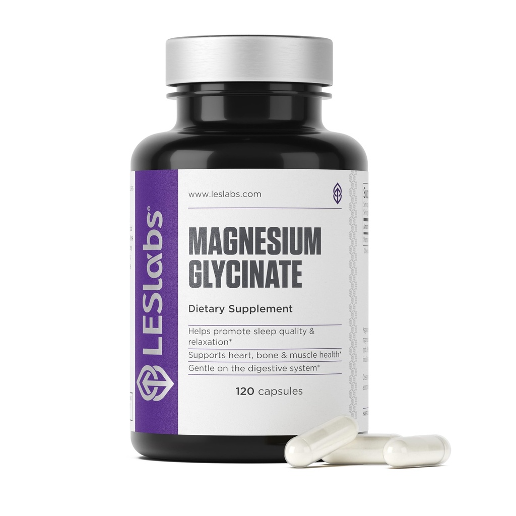 LES Labs Magnesium Glycinate - Podporuje Restful Sleep, Heart Health, Stress Relief, Metabolismus, Nerve a svalové funkce, Jemně na trávicí systém - Non- GMO dodatek - 120 Kapsle