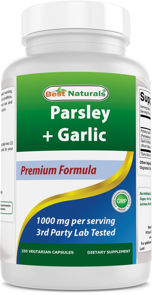 Nejlepší Naturals Petržel a Česnek 1000 mg na podání 250 Vegetariánských kapslí. Gluten Free a non-GMO.