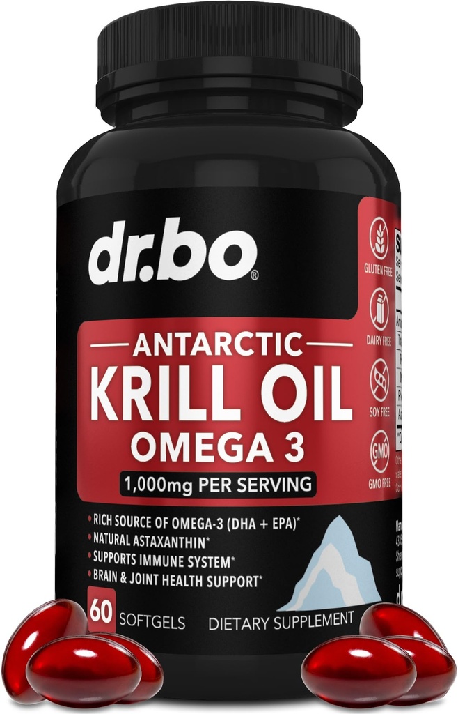 Krill Oil Omega 3 500mg - Antarktický krilový olej 1000mg Softgels Kapsle EPA, DHA, Astaxanthin, Fosfolipidy - Omega 3 Tučné kyseliny doplňky, Přírodní čisté doplňky pro ženy a muže - 60 Softgels